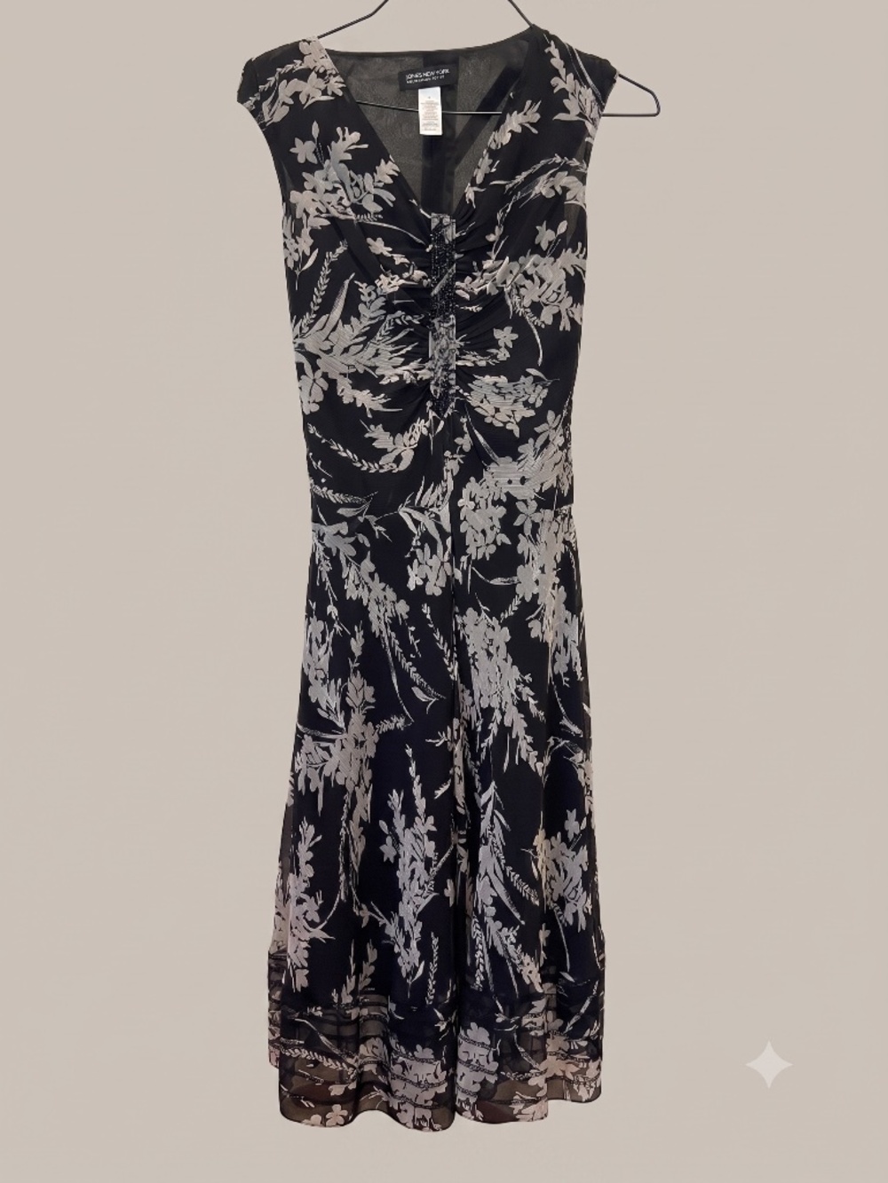 Vintage Jones New York Silk Floral Beaded Dress Ruched V-Neck Petite 8P